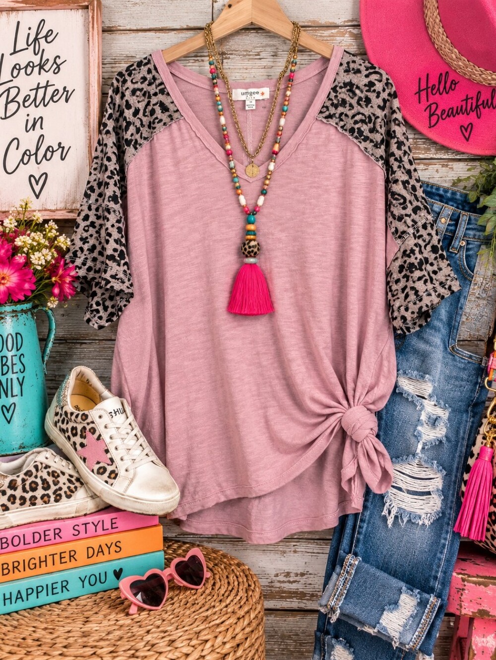 Umgee XL Pink Leopard Print Sleeve V-Neck Oversized Boho Top Exposed Seam